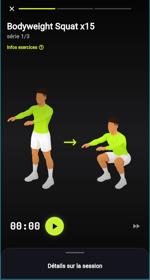 Écran de séance de l'app Felifit : exercice en cours avec minuteur